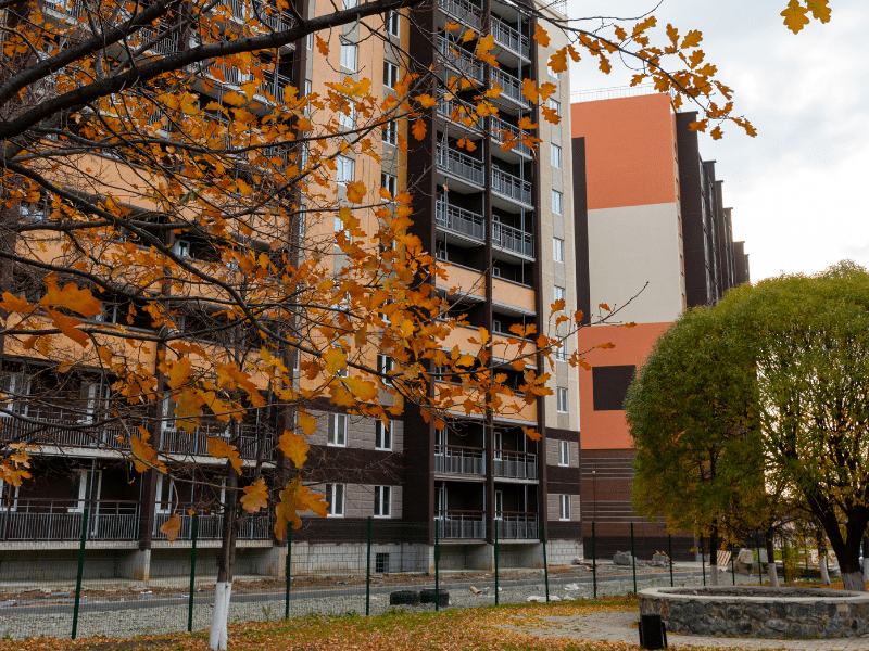 commercial buildings in the fall