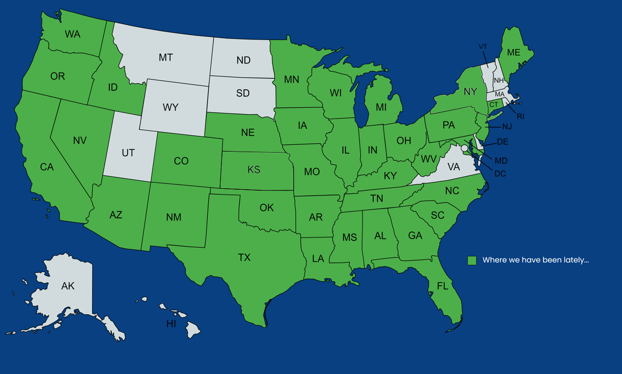 Map of the states Alliance works in, with every state highlighted except for Alaska, Delaware, Hawaii, Massachusetts, Montana, North Dakota, New Hampshire, Rhode Island, Utah, Vermont, Virginia, and Wyoming