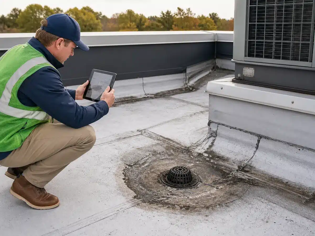 Independent consultant documenting conditions during a commercial roof inspection.