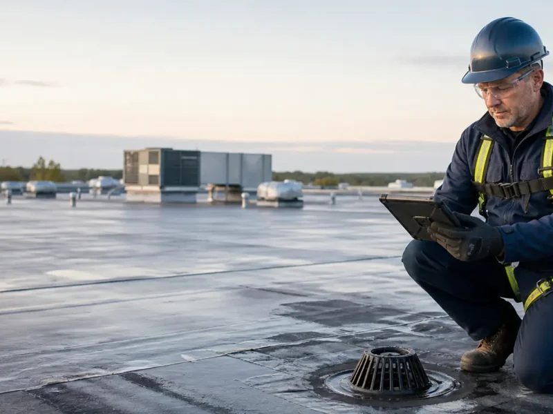Commercial roof consultant reviewing an inspection checklist beside a roof drain.