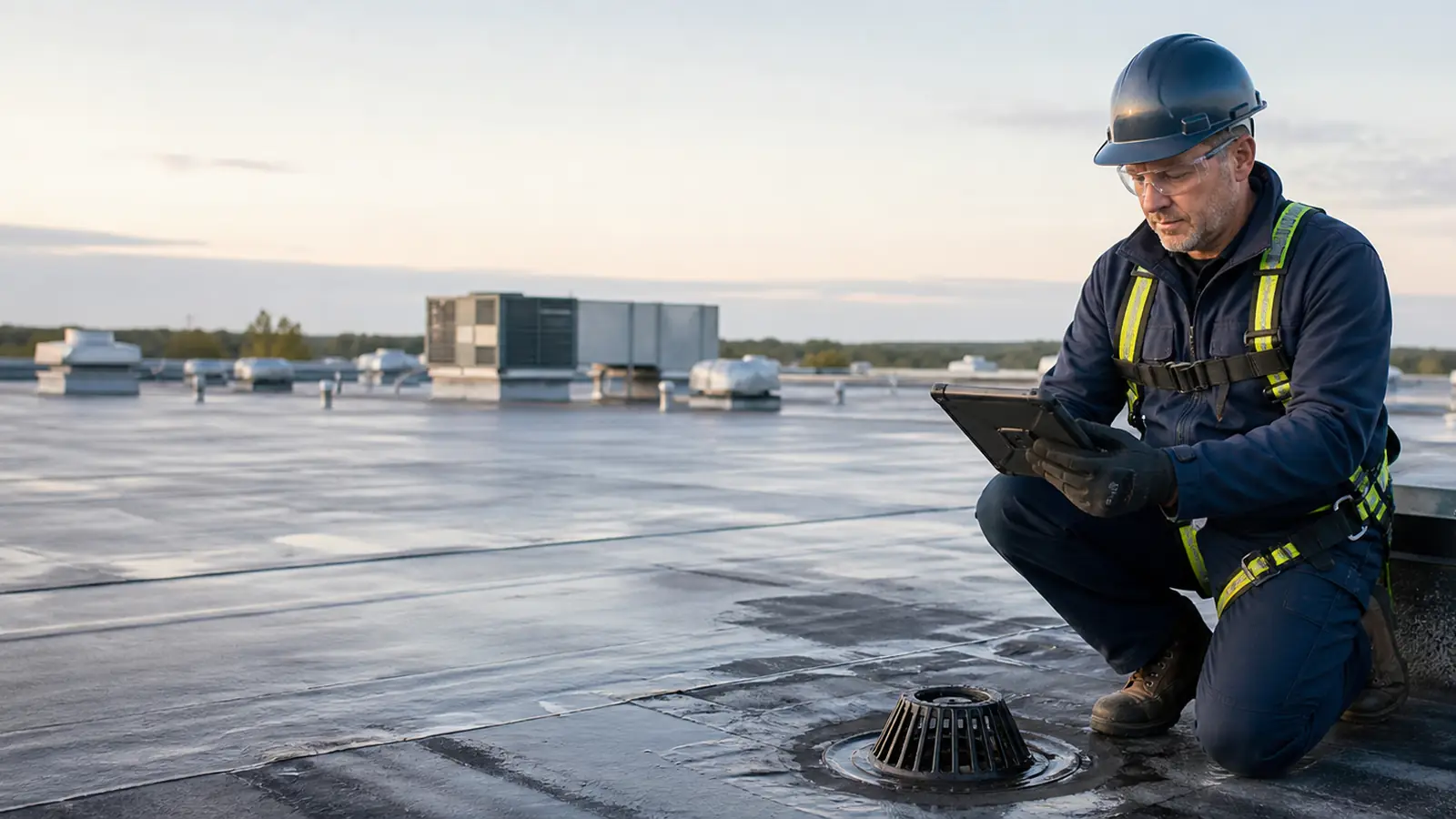 Commercial roof consultant reviewing an inspection checklist beside a roof drain.